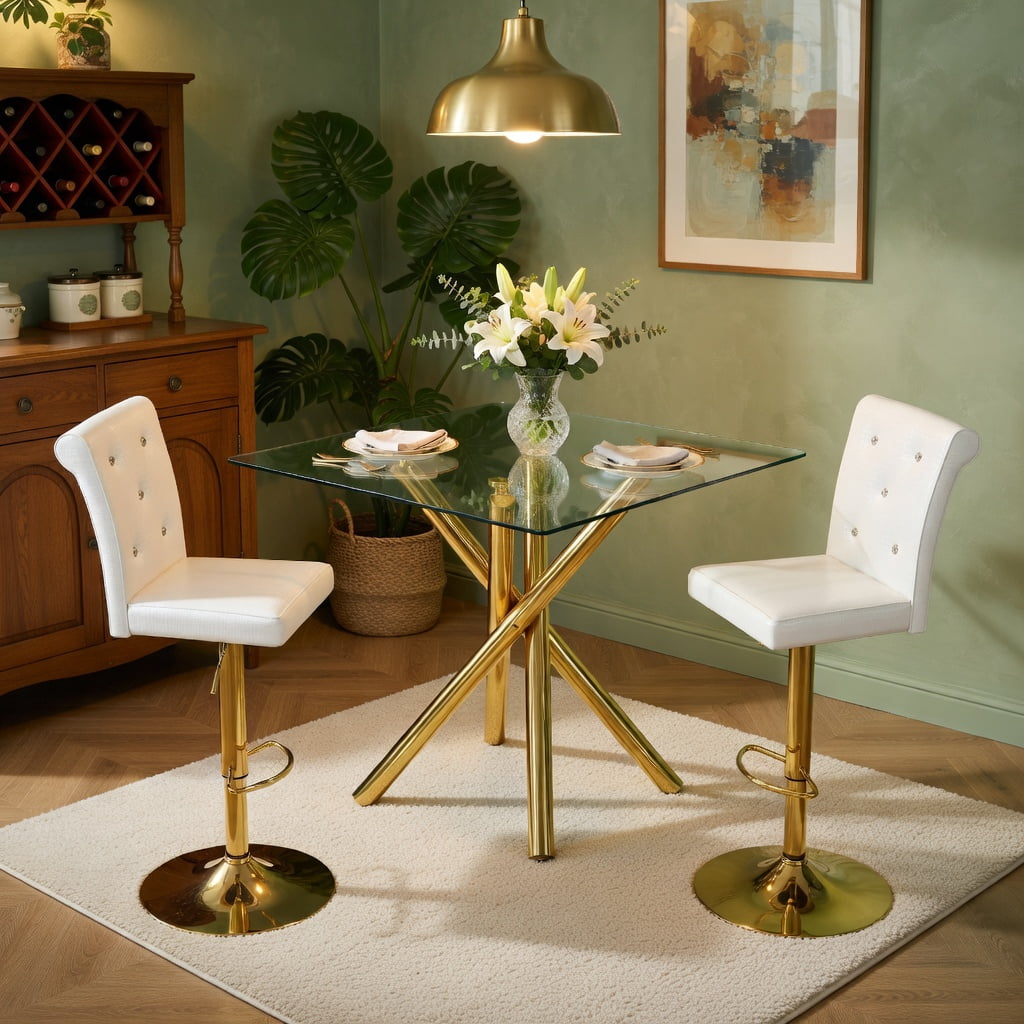 Hommoo Modern 3-Piece Glass Bar Table Set with Adjustable Swivel Bar Stools, Chrome Frame & PU Leather, Counter Height for Kitchen Island, Home Bar & Small Spaces, White & Gold