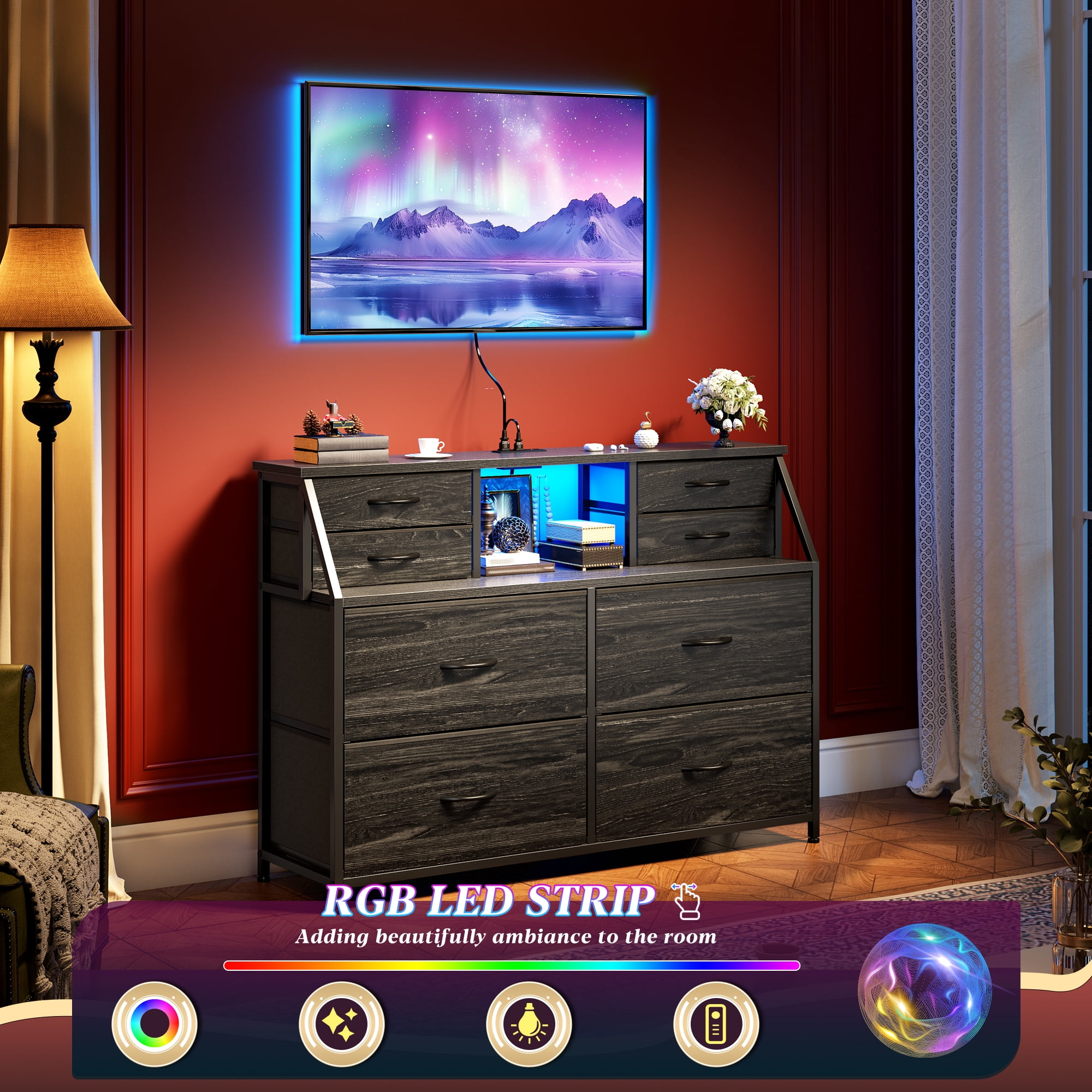 Romorgniz Dresser for Bedroom with 8 Fabric Drawers White Dresser with LED Lights & Charging Station & Open Shelf for Living Room and Entryway