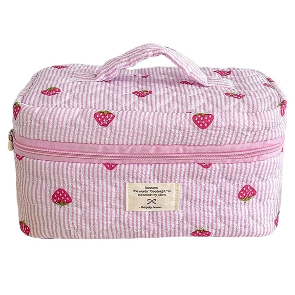 Quilted Strawberry Portable Make Up Bags Zipper Closure Travel Cosmetic Bags Large Skincare Brush Organizer Pouches for Women and Girls (L)