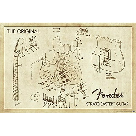 - Stratocaster Guitar The Original Fender Drawing Blueprint 36x24 Art Print Poster Rock and Roll Electric