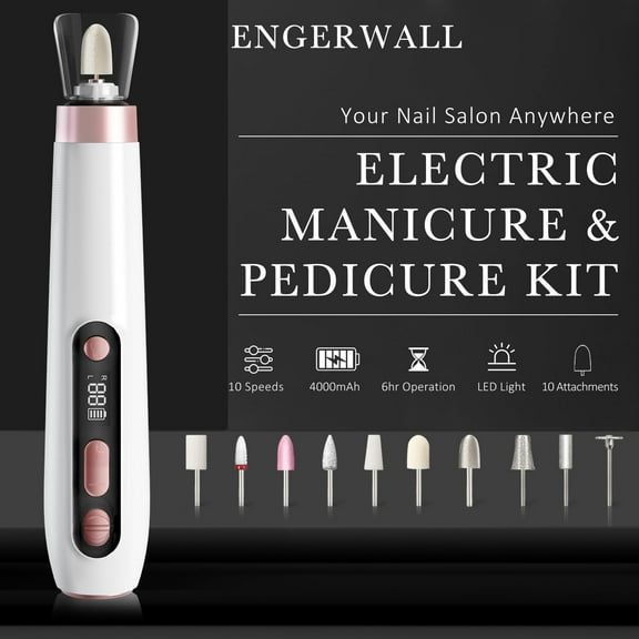 QIHE-Professional Manicure Pedicure Kit, Electric Nail File Set, Portable Cordless Electric Nail Drill Machine, 10 Speeds Nail Care Tool for Grind Trim Polish, White