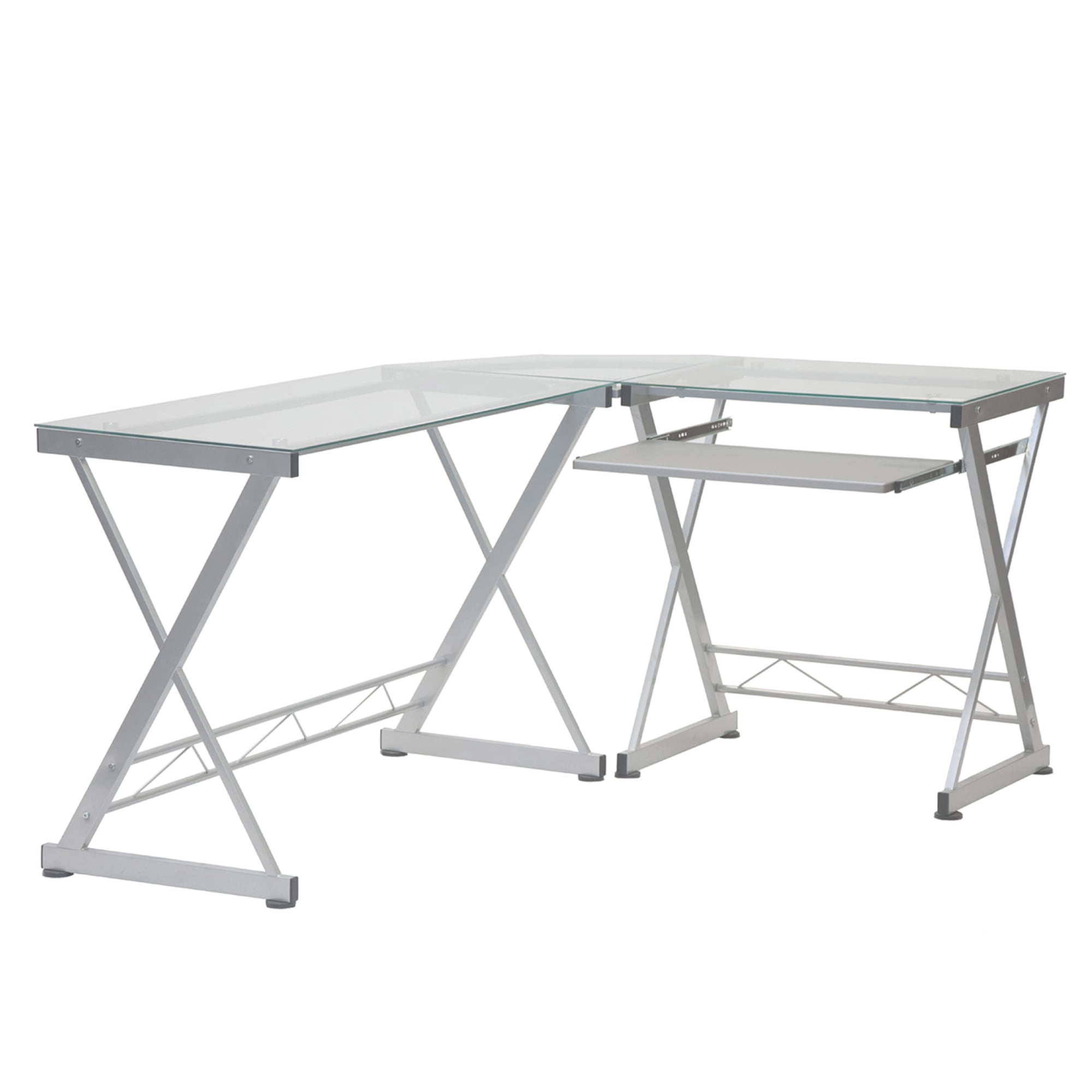 Techni Mobili Modern Reversible L Shaped Clear Glass Top Computer Desk