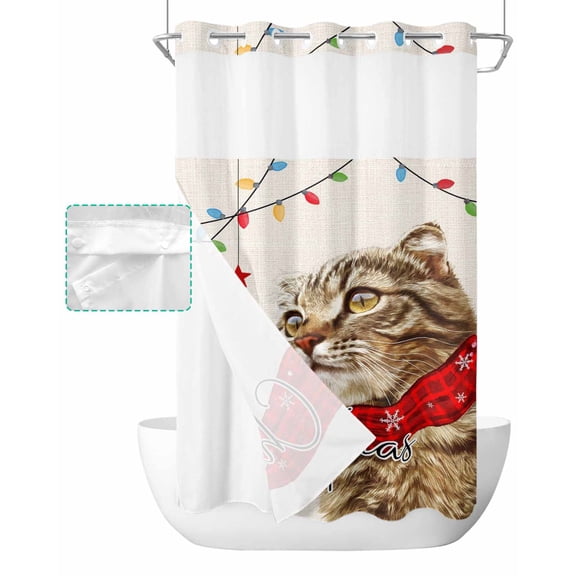 No Hook Shower Curtain with Snap in Liner, Merry Christmas Animal Kitty Cat Hotel Shower Curtains for Bathroom, Washable Shower Curtain Liner Set with Mesh Top Window, 36"x72"
