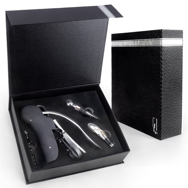 Abridor de vino de acero inoxidable Sacacorchos vertical compacto Abridor de fondo de vino con cortador de papel de aluminio Cabeza de ganso Cabeza redonda plateada Tapón de vino Juego de 5