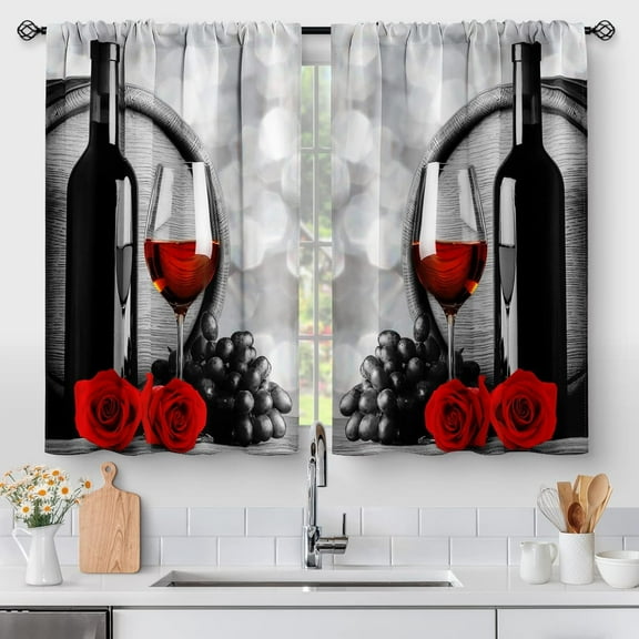 Red Wine Rose Kitchen Curtains 2 Panels, Vintage Wine Bottle Grape Window Drapes, Romantic Kitchen Bar Decor for Kitchen, 28"W x 40"L
