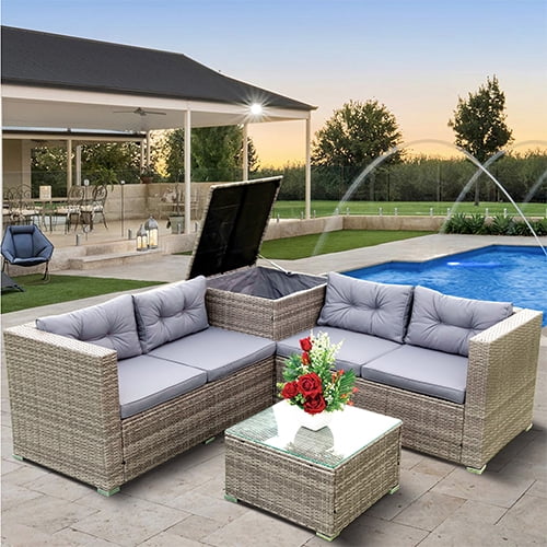Rattan Patio Sofa Set, 6 Pieces Outdoor Sectional Furniture, All-Weather PE Rattan  Wicker Patio Conversation, Cushioned Sofa Set with 2 Coffee Tables &  Ottoman for Patio Garden Poolside Deck 