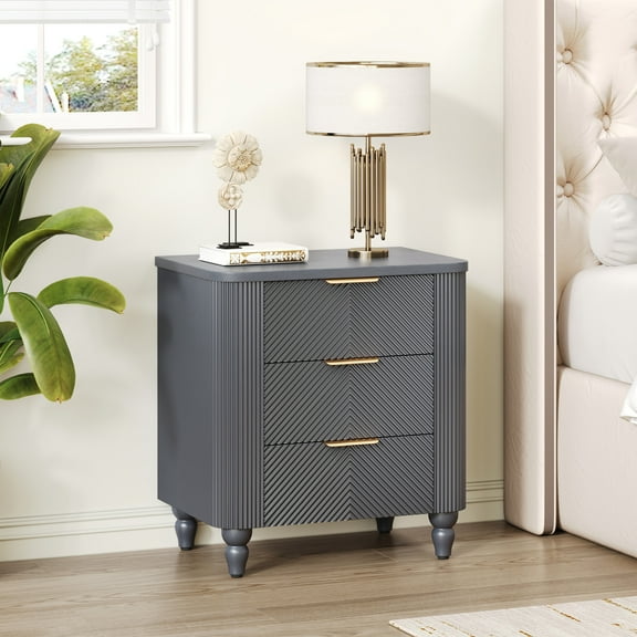 Christopher Knight Home 3-Drawer Nightstand, Bedside Table with Golden Handles & Gourd Legs, Dark Gray