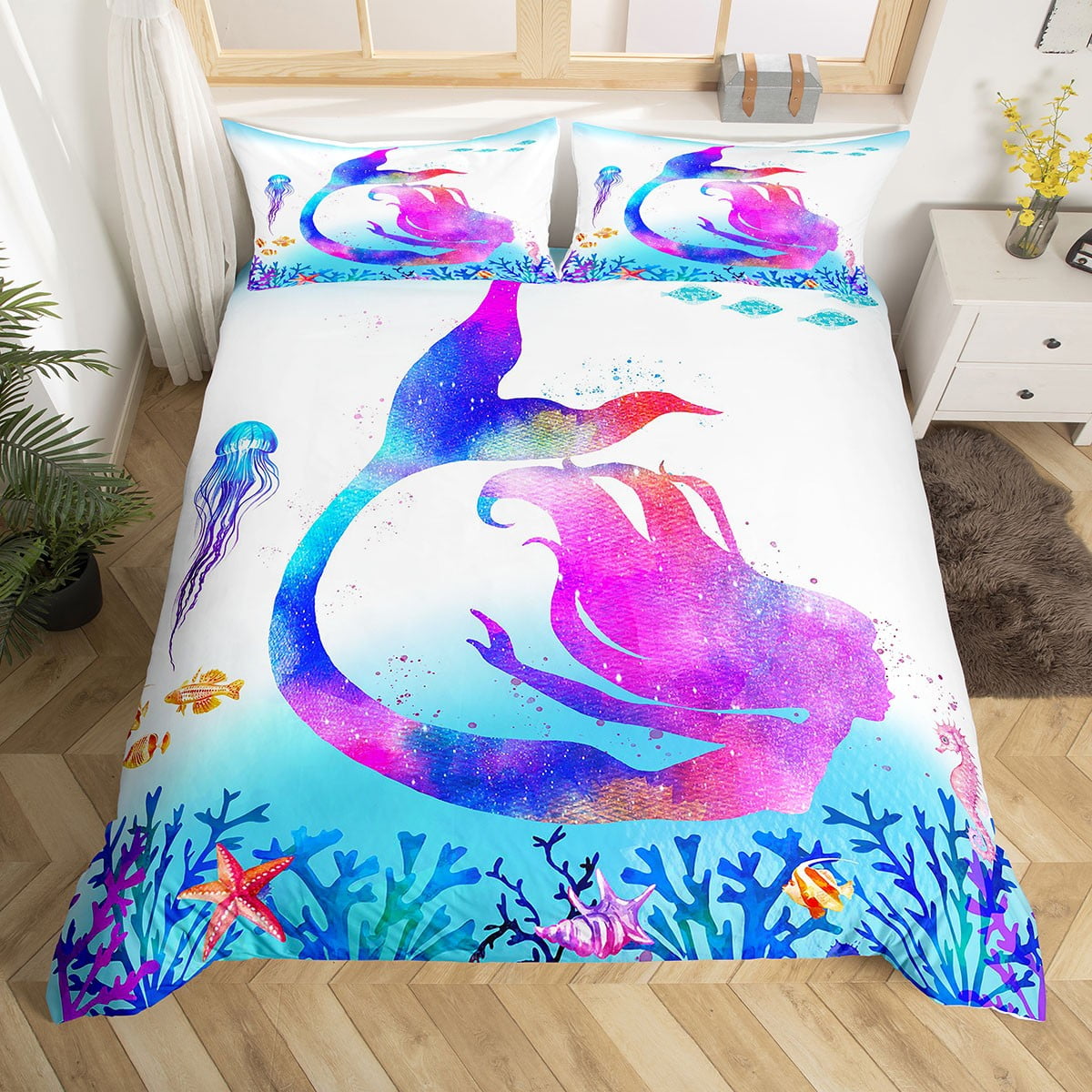 YST Pink Mermaid Bedding Sets Twin Sea Marine Ocean Comforter Cover