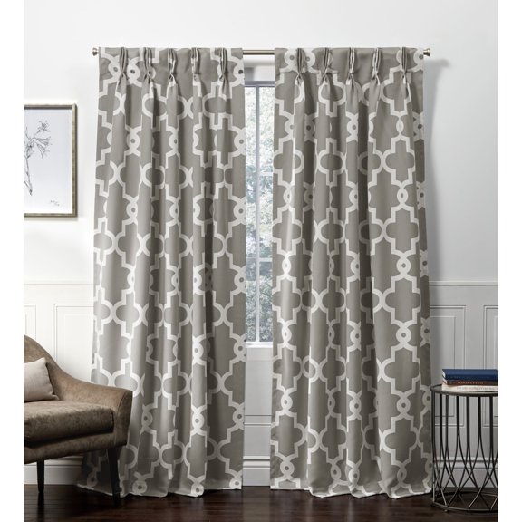 Exclusive Home Ironwork Sateen Woven Room Darkening Blackout Pinch Pleat Curtain Panel Pair, 96" Length, Silver
