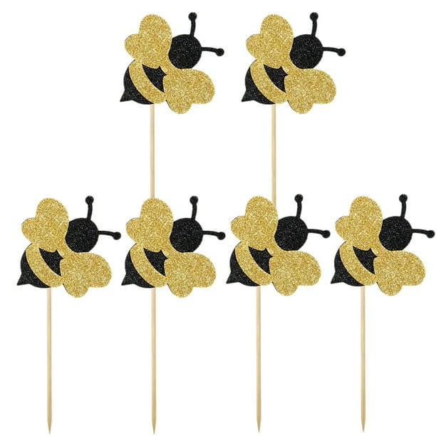 EeaseMX 6 adornos de papel para tartas, brillantes, con forma de abeja, para cupcakes, palitos de fruta, postres, decoración para fiestas de cumpleaños infantiles.