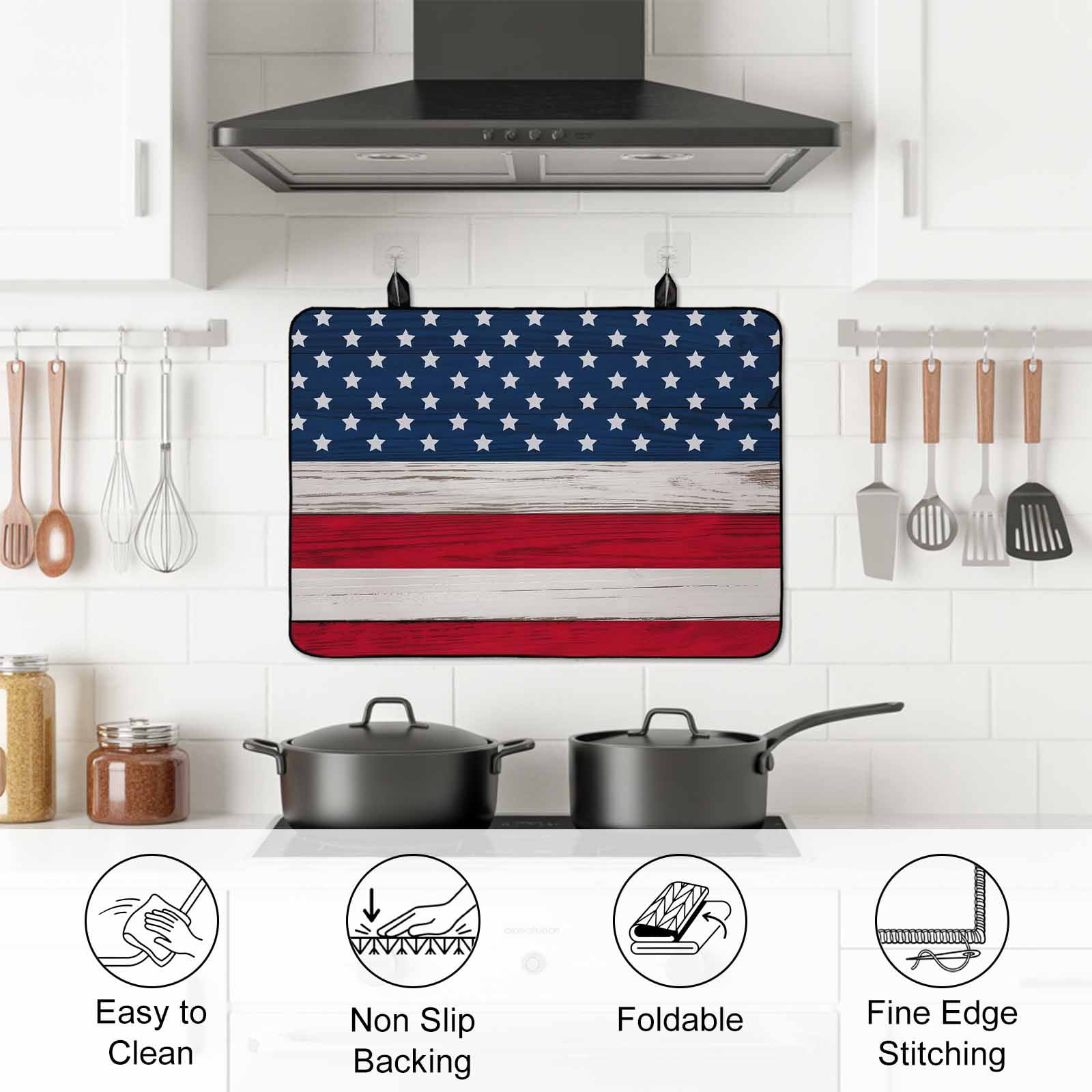 Wooden American Flag Stove Top Cover for Electric Stove, Heat-proof & Non Slip Glass Top Stove Cover Protector, Independence Day Star Striped Flag Kitchen Flat Cooktop Rubber Mat 24x21 Inches