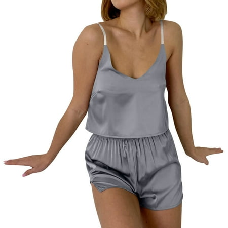 

Women Solid V Neck Pajamas Summer Thin Suspenders Open Navel Short Vest Shorts Set Lace Set