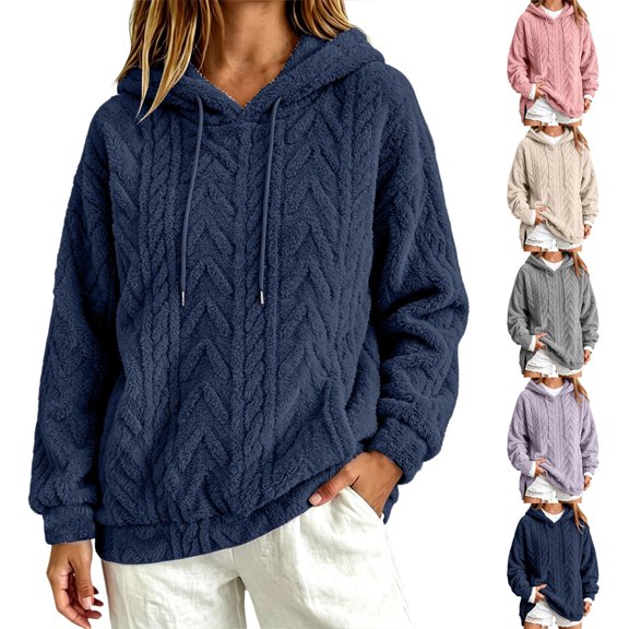 Smsaxvxz Womens Fleece Pullover Oversized Sweater Fluffy Warm Hoodies Sweatshirt Casual Winter Tops Navy 2XL