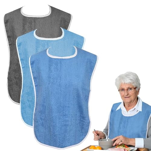 Adult Bibs (3 Pcs ),Adjustable Adult Bib for Men,Women,Elderly Senior and Disabled Bib,Adjustable Waterproof Reusable Bibs for Eating Machine Washable (Grey,Blue,Light Blue)
