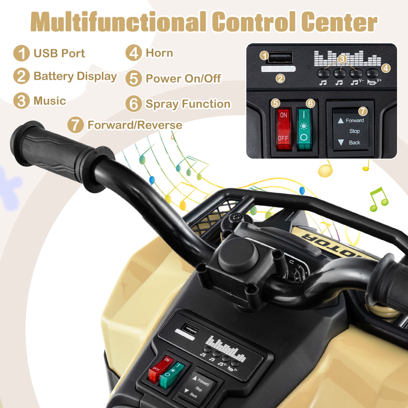 Costway 6V Toddler Ride On Electric Car ATV with Lights & Music & USB Port Storage Box Toy Car Khaki