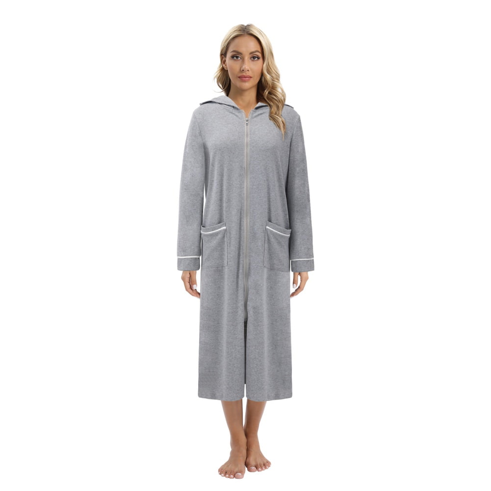 WBQ Zipper Front Robes Women House Coat Long Sleeve Loungewear Long