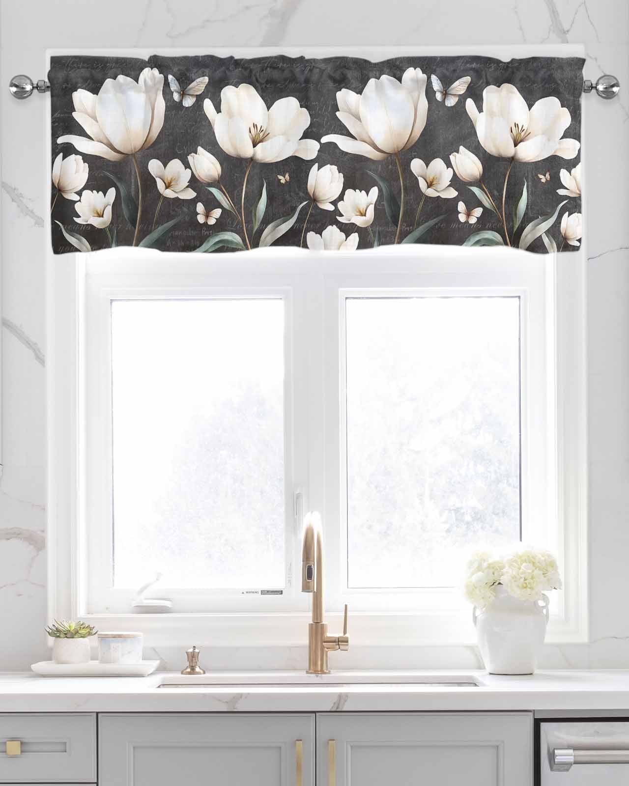 Farmhouse Floral Kitchen Valances for Windows Farmhouse Linen Window Valance Curtain for Living Room Window Treatment Magnolia Flowers Vintage Blackboard Valance Rod Pocket Topper Drape, 60 x 18 Inch
