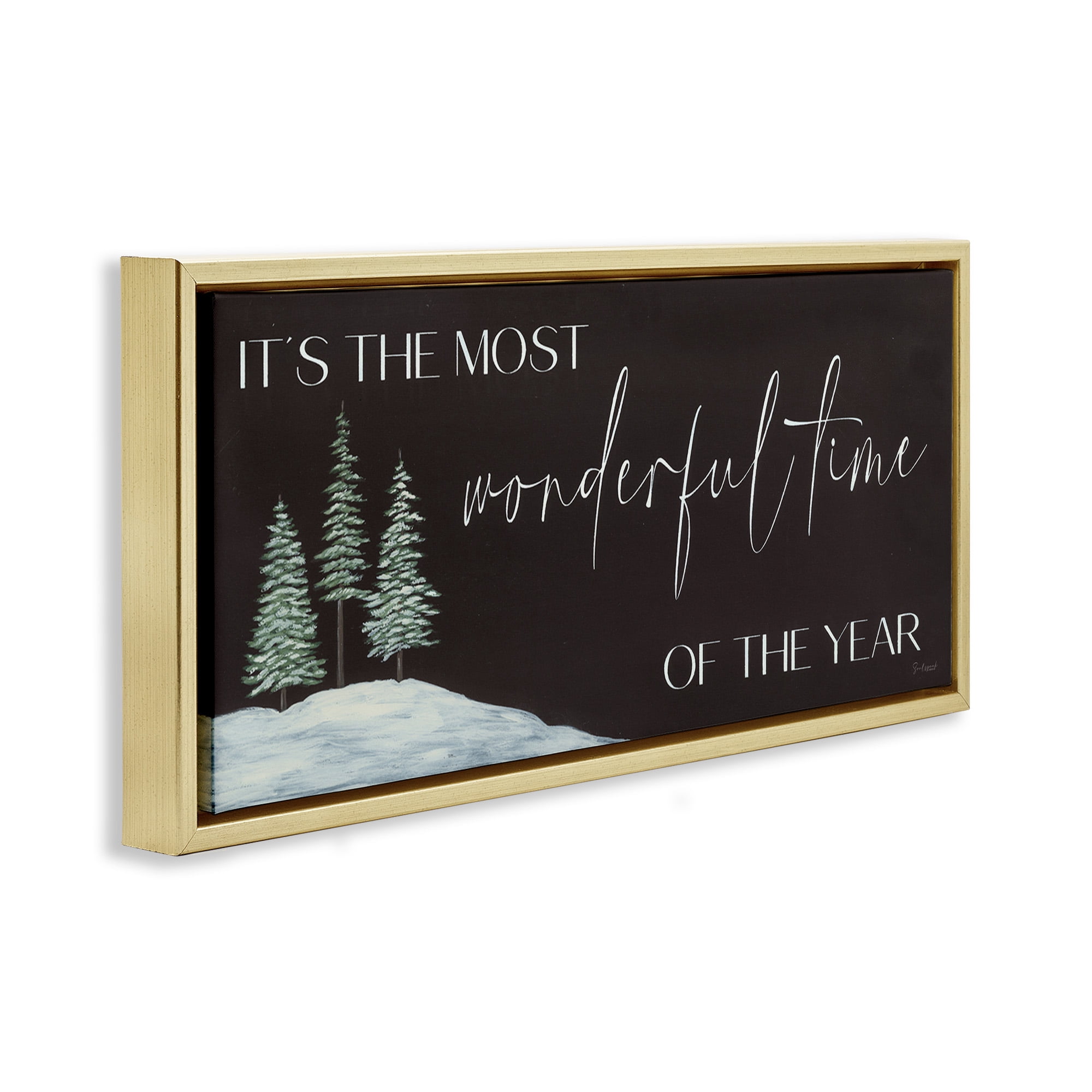 Stupell Industries Most Wonderful Time Holiday Phrase Inspirational Painting Gold Floater Framed Canvas Art Print Wall Art, 25 x 11