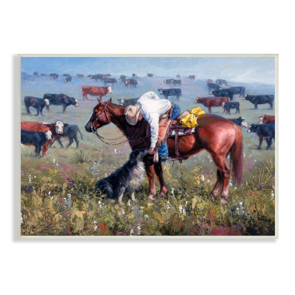 Jack Sorenson Cowboy Petting Shepherd Farm Dog Cattle Grasslands Landscape 19 in x 13 in Framed Painting Art Print, by Stupell Home Décor