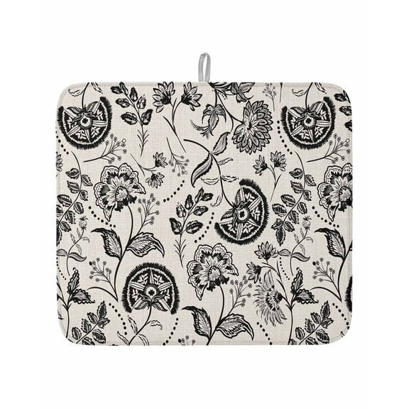 Black Chinoiserie Floral Dish Drying Mat, Vintage Farmhouse Cottagecore Absorbent Dish Drying Matt Pad for Kitchen Countertops,Sinks,Dish Drainer Racks, Small 16x18inx1Pc,