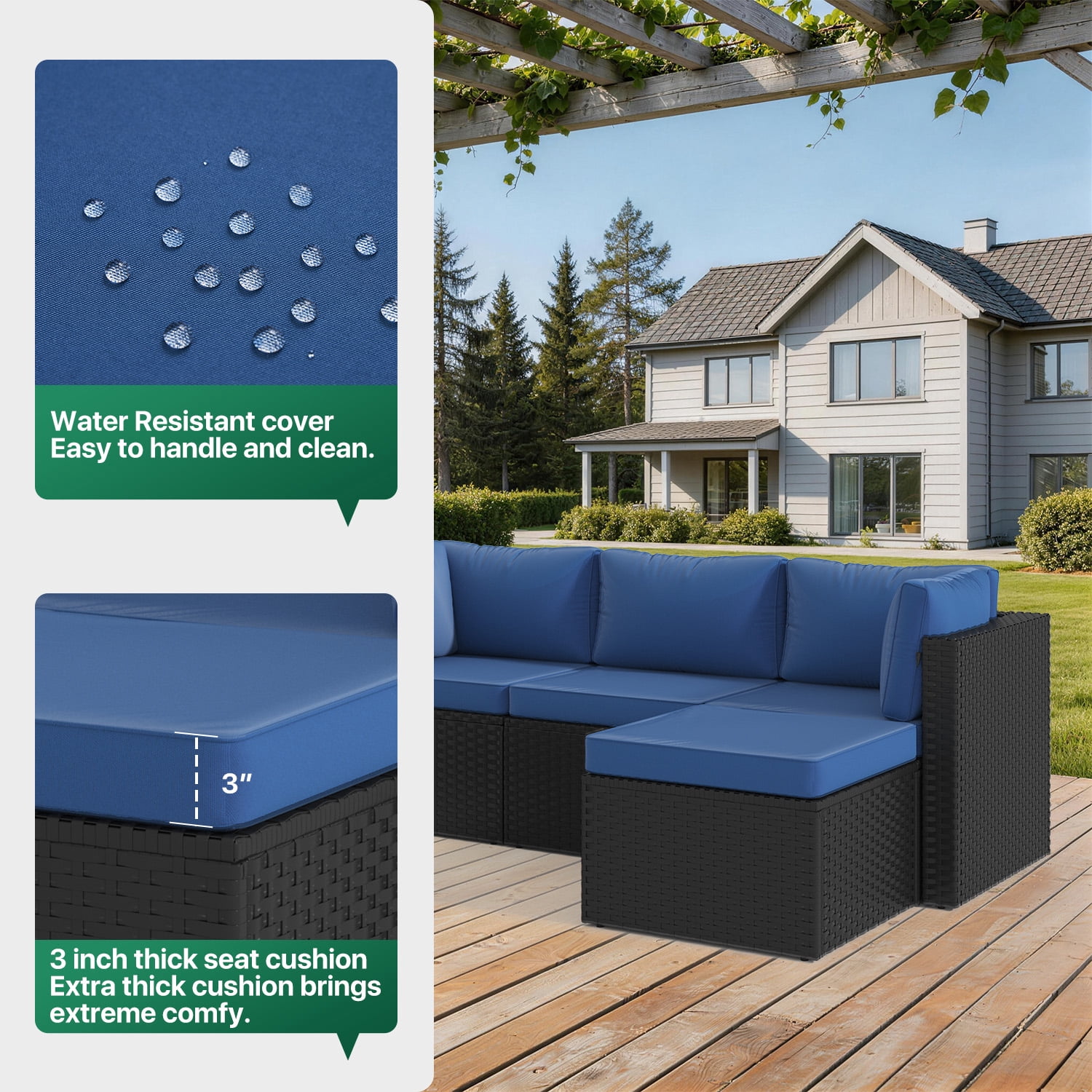 Clouddwell 5 Pieces Patio Furniture Set, All-Weather Wicker Rattan Patio Sectional Sofa Set with Coffee Table (Navy Blue)