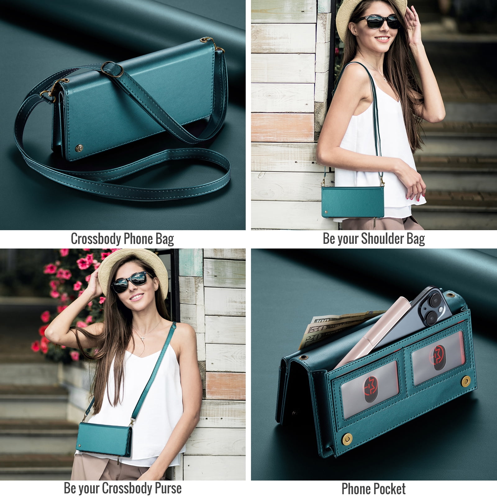 ELEHOLD Phone Bag Wallets for Women Girls,Luxury PU Leather Wallet Bag Crossbody Handbag with Phone Pocket Zipper Pocket Large Capacity Credit Card Holders Wriststrap Shoulder Strap,Green