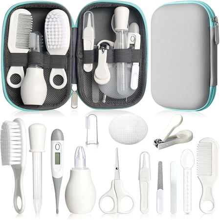 Baby Grooming Kit Infant Safety Care Set with Hair Brush Comb Nail Clipper Nasal Aspirator Baby Essentials Kit for Newborn Girls Boys (Grey White)