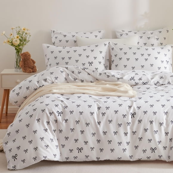 Nayoroom 3 Pieces Cute Bowknot Duvet Queen Cover Set Black Bowknot Polka Dot on White Comforter Cover for Kids Girls Boys Woman