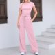 thumbnail image 2 of Conjunto de 2 piezas para mujer: top corto fruncido y pantalones anchos. Ligero y elástico. Ideal para viajes, vacaciones y ropa deportiva., 2 of 8