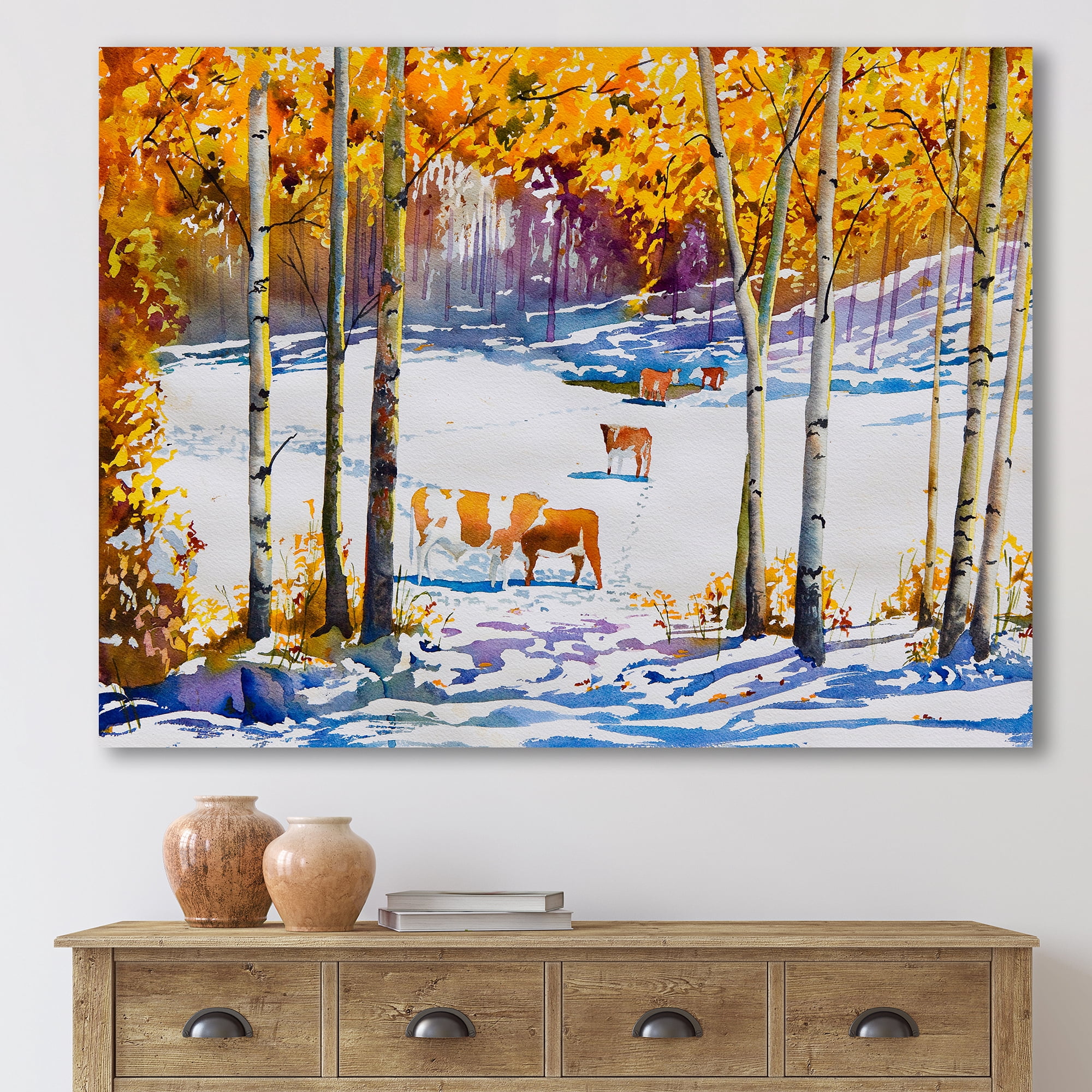 Cattles In The Early Snow In The Tree Forest 32 in x 24 in Painting Canvas Art Print, by Designart