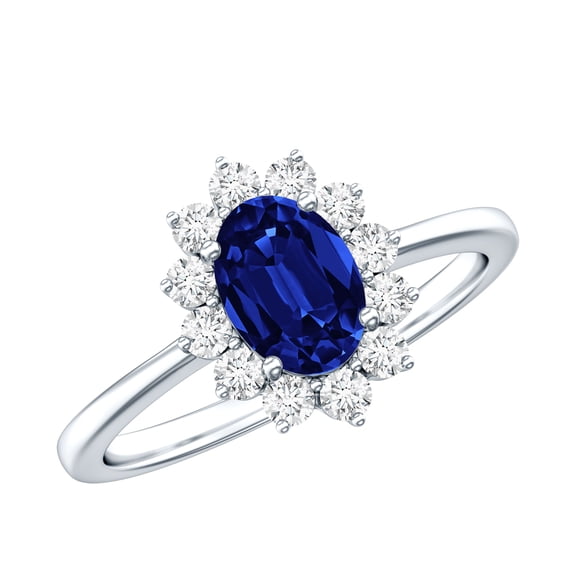 Rosec Jewels Handcrafted Oval Created Blue Sapphire Diamond Halo Ring - Princess Diana Inspired Blue Sapphire Engagement Ring (AAAA Grade), 925 Sterling Silver, US 4.00