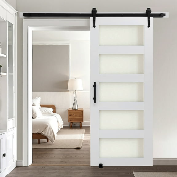 VEVOR Sliding Barn Door, 36 x 84 inch, High-Strength MDF Panel and Glass, Barn Door with Hardware Kit, Water-Proof PVC Surface, Easy to Install, H-Frame, Smoothly and Quietly Sliding for Living Room