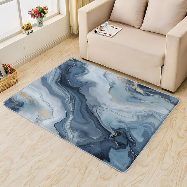 Marble Style Area Rug 5x8, Watercolor Fluid Texture Rugs for Living Room, Blue Gray Marble Carpet, Soft Non Slip Machine Washable Fluffy Easy Clean, for Bedroom Dining Room Floor Home Decor Rug