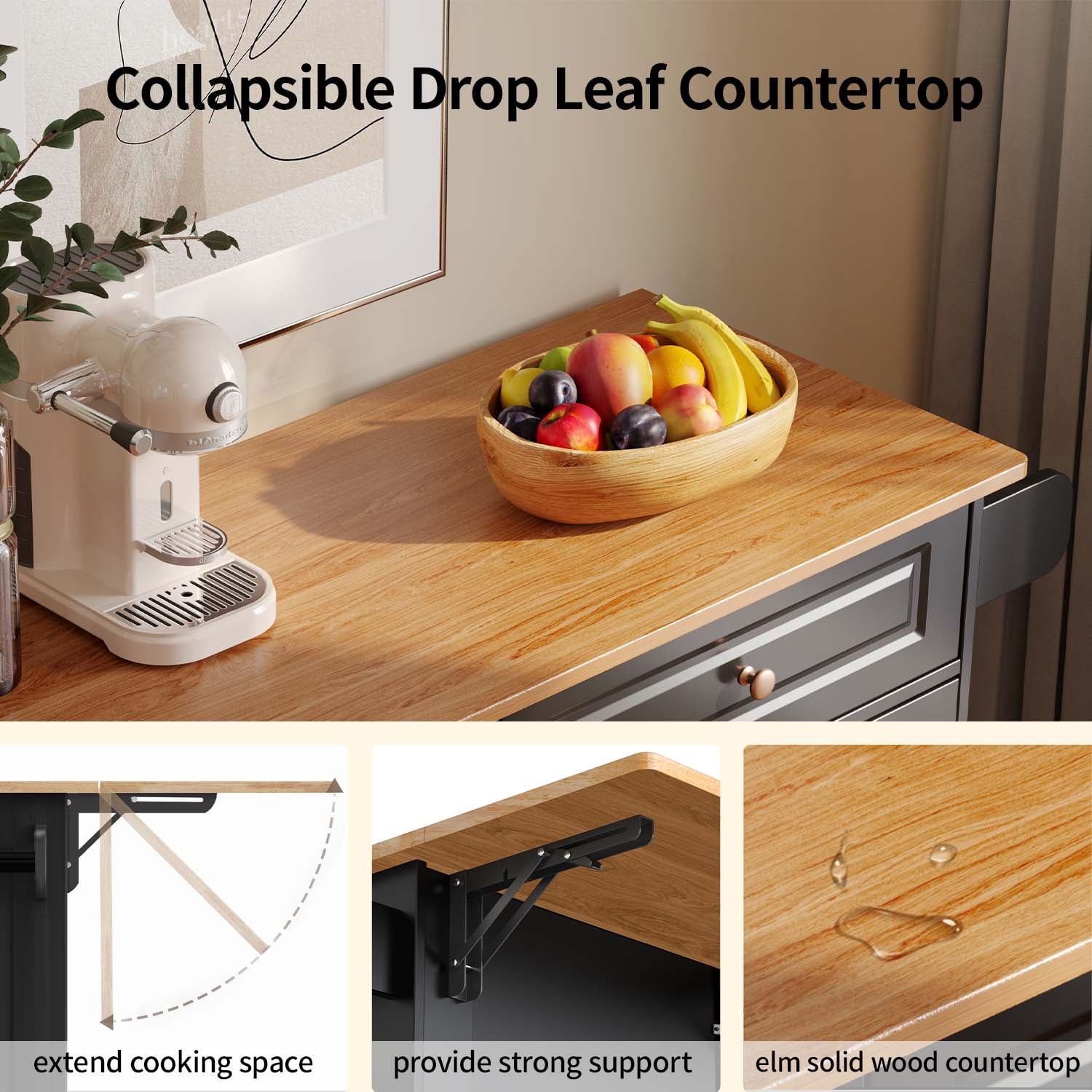 Kitchen Island with Storage, Lofka Kitchen Island Cart with Drop Leaf, for Dining Room|Living Room, Black