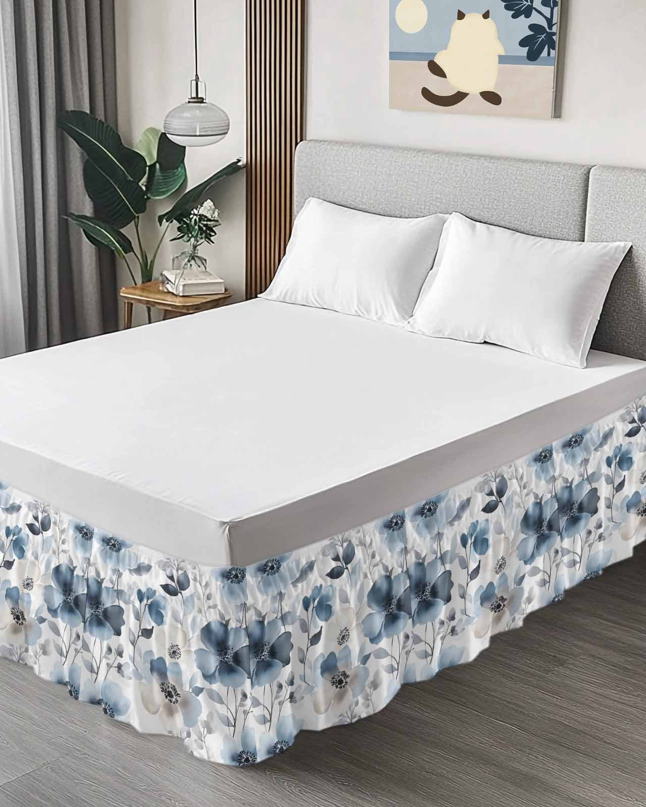 Vintage Blue Bed Skirt Queen Size 16 Inch Drop, Brown Watercolor Flowers Petals Abstract Art Wrap Around Dust Ruffle Bedskirts, Wrinkle & Fade Resistant Easy Fit Bedskirt with Adjustable Elastic