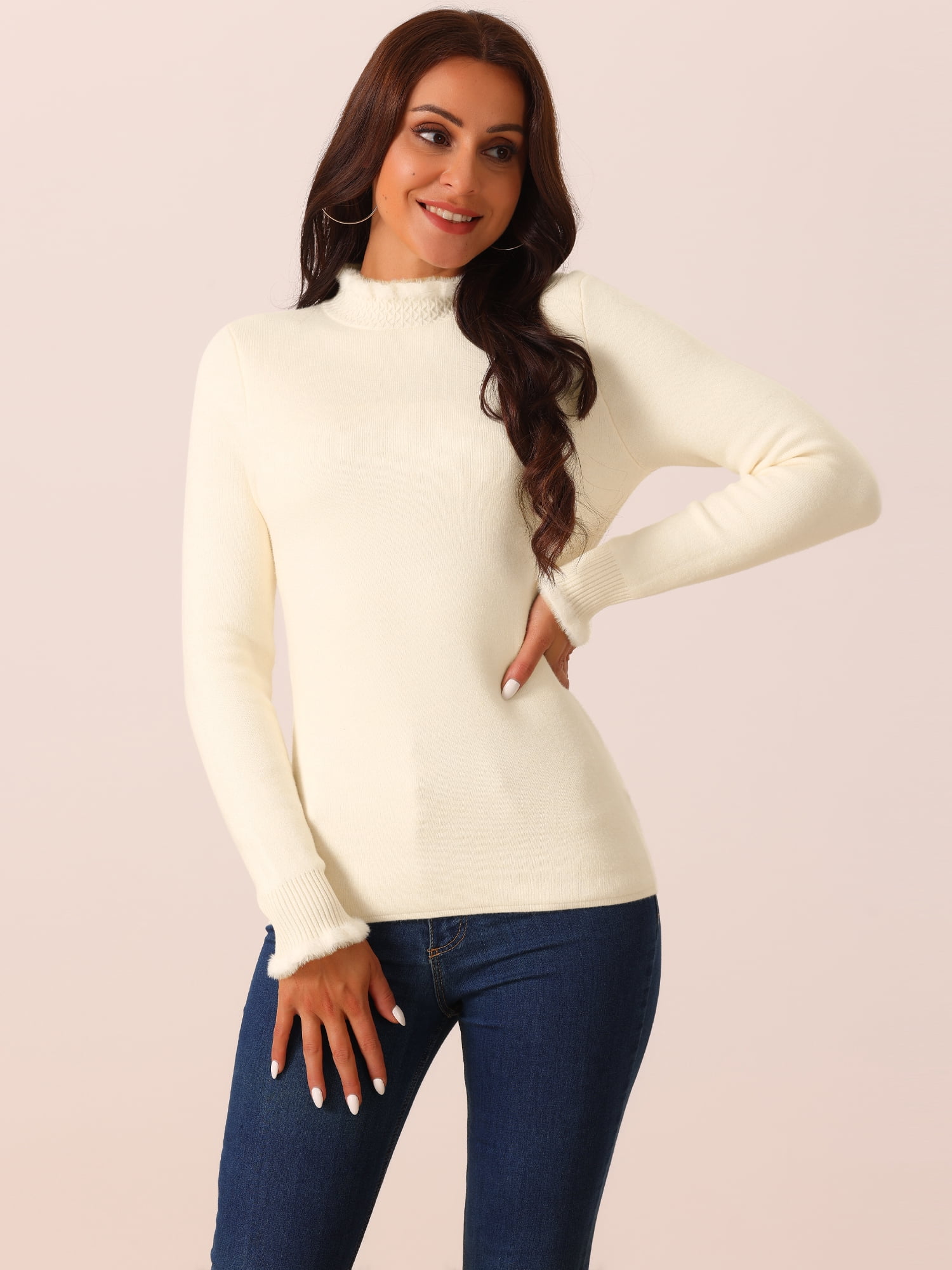 DARING DIVA Fluffy Lined Sweater Mock Neck Long Sleeve Top M Apricot