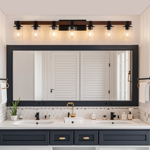 ACE-LIGHTS,7-Lights Farmhouse Rustic Bathroom Light Fixture with Glass Lampshade(Bulbs Not Included),Vanity Lights Fixture for Bathroom,Dressing Room,Bedroom,Living Room(Black)