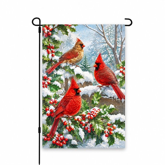 12x18 Inch Garden Flag - Winter Cardinals on Snowy Holly Branches - Festive Red & Green Outdoor Decor for Yard, Patio, Lawn - Seasonal Holiday Display