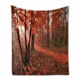 thumbnail image 1 of Fall Soft Flannel Fleece Blanket, Misty Forest with Leaves from Deciduous Seasonal Trees Warm to Cold Featured Image, Cozy Plush for Indoor and Outdoor Use, 60" x 80", Brown Orange, by Ambesonne, 1 of 6