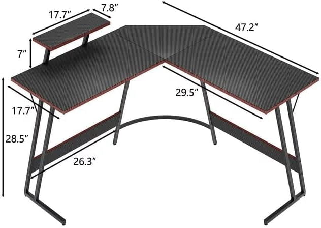 Shahoo L Shaped Gaming Desk, 47 Inch Computer Corner Table with Large Monitor Stand & Carbon Fiber Surface for Home Office Study Writing Workstation, 47 in, Black