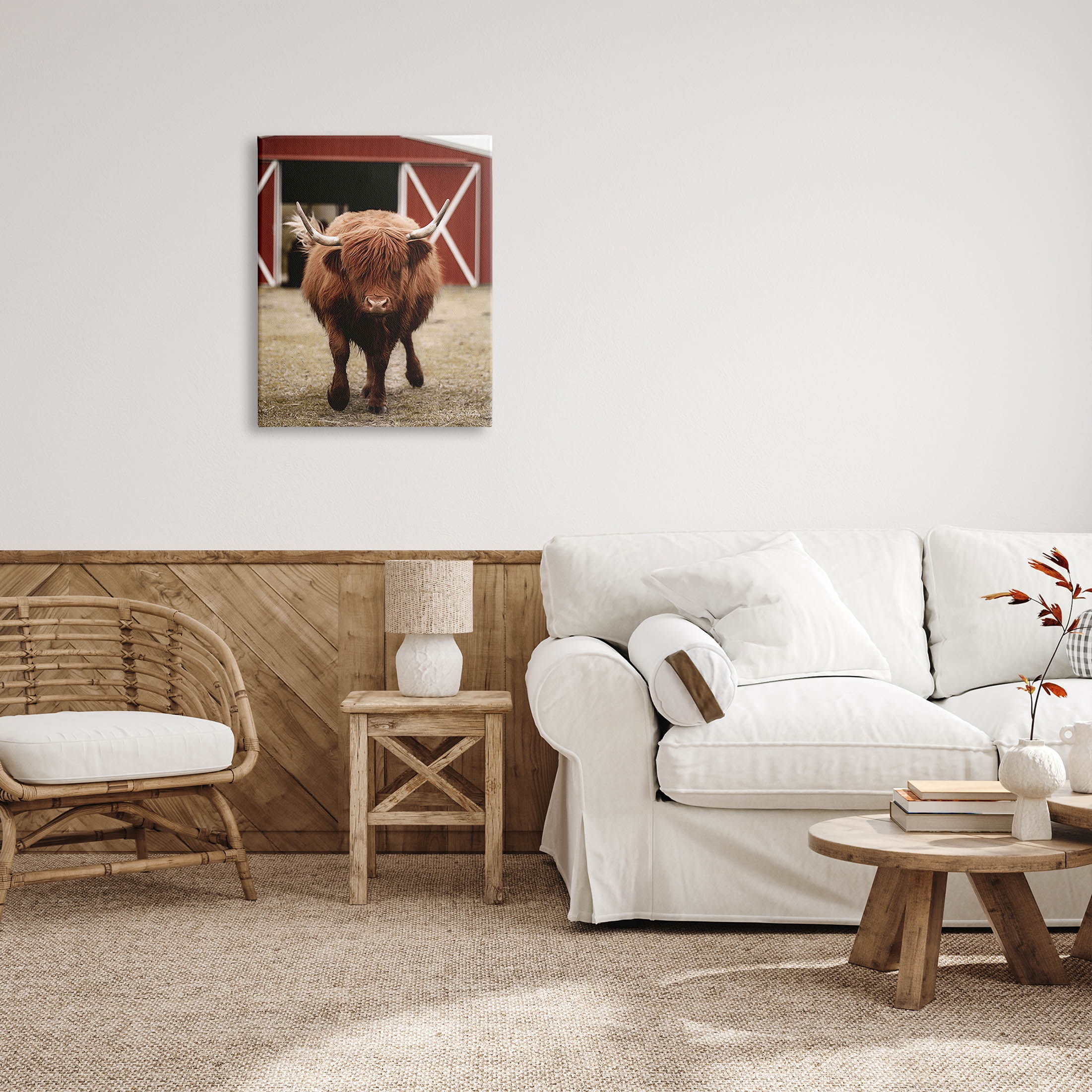 Stupell Industries Trotting Highland Cattle Bold Red Barn Photograph Gallery Wrapped Canvas Print Wall Art, Design by Dakota Diener