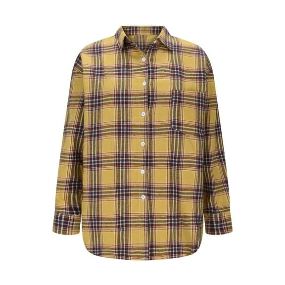 Sakmal Button Down Womens Tops Yellow Cute Shirts Collared Long Sleeve Plaid Shirts with Pockets