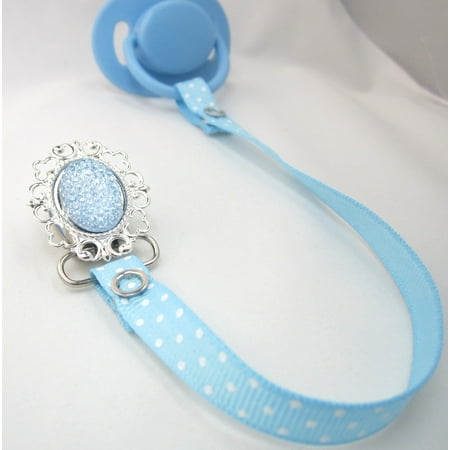 Quilted Crystal on a Silver Tray Pacifier Clip with Polka Dot Ribbon