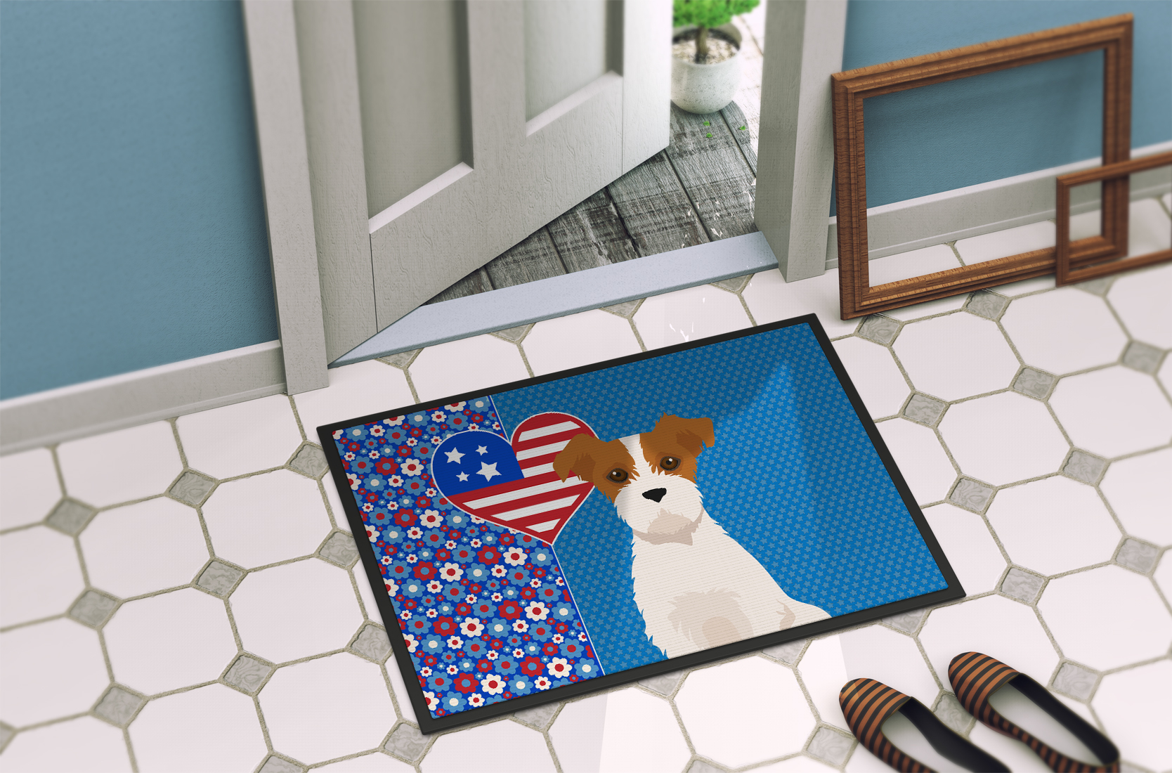 Brown White Wirehair Jack Russell Terrier Indoor or Outdoor Mat 24x36 36 in x 24 in