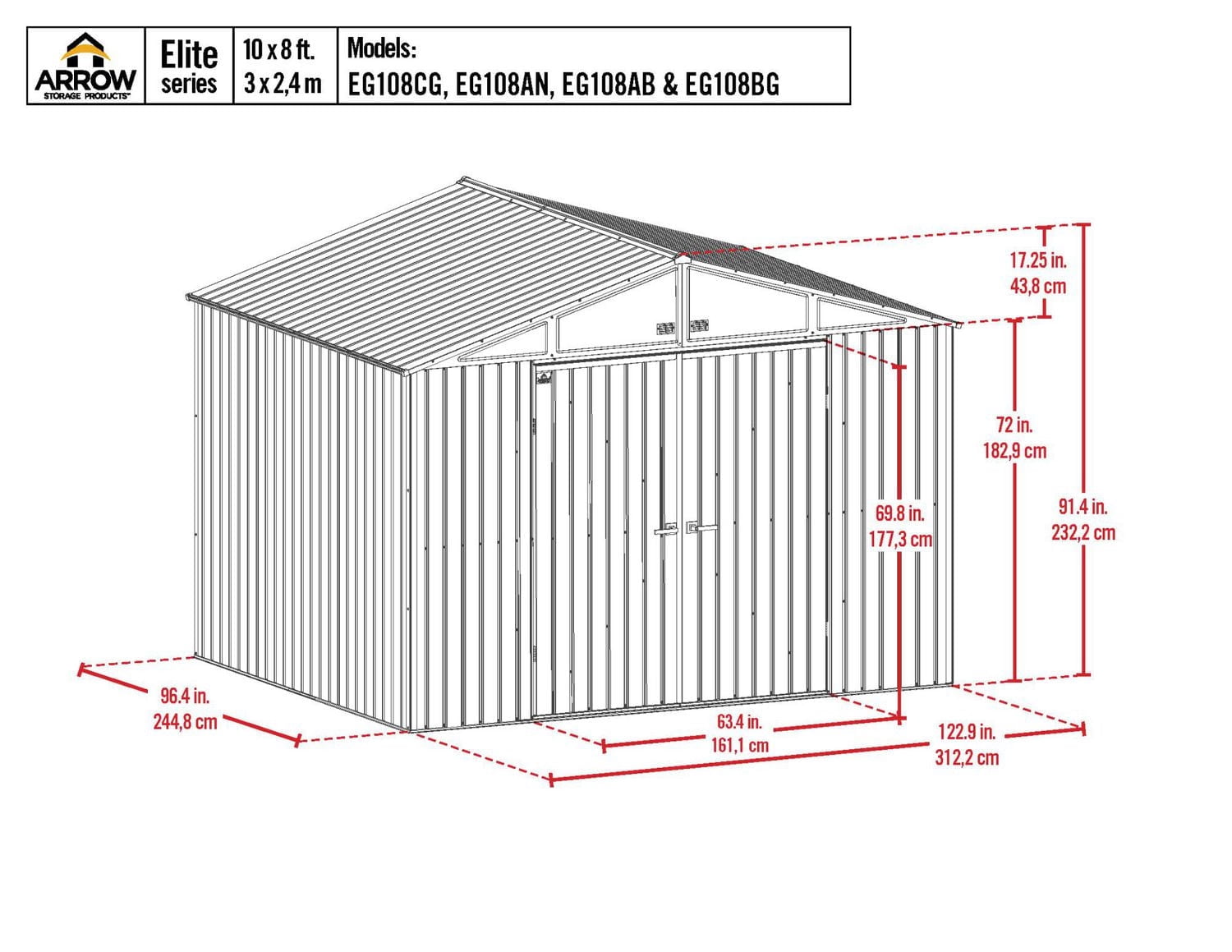 Arrow Elite Steel Storage Shed, 10x8, Galvalume