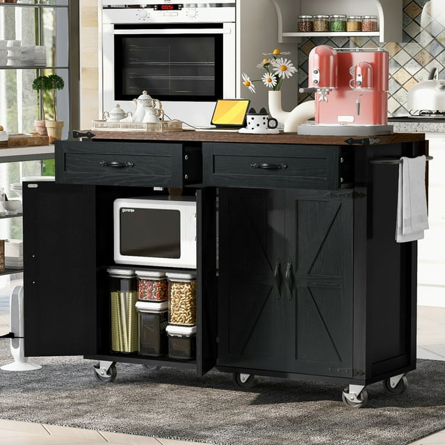 Harper & Bright Designs Farmhouse Kitchen Island with Power Outlet, Kitchen Storage Island with Drop Leaf, Spice Rack and Drawer, Rolling Kitchen Cart on Wheels, for Dining Room, Black