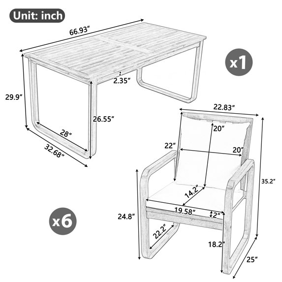 Harper & Bright Designs 7 Pieces Patio Dining Set for 6, Outdoor Acacia Wood Dining Table with Slatted Design and 4 Chairs for Garden, Beige