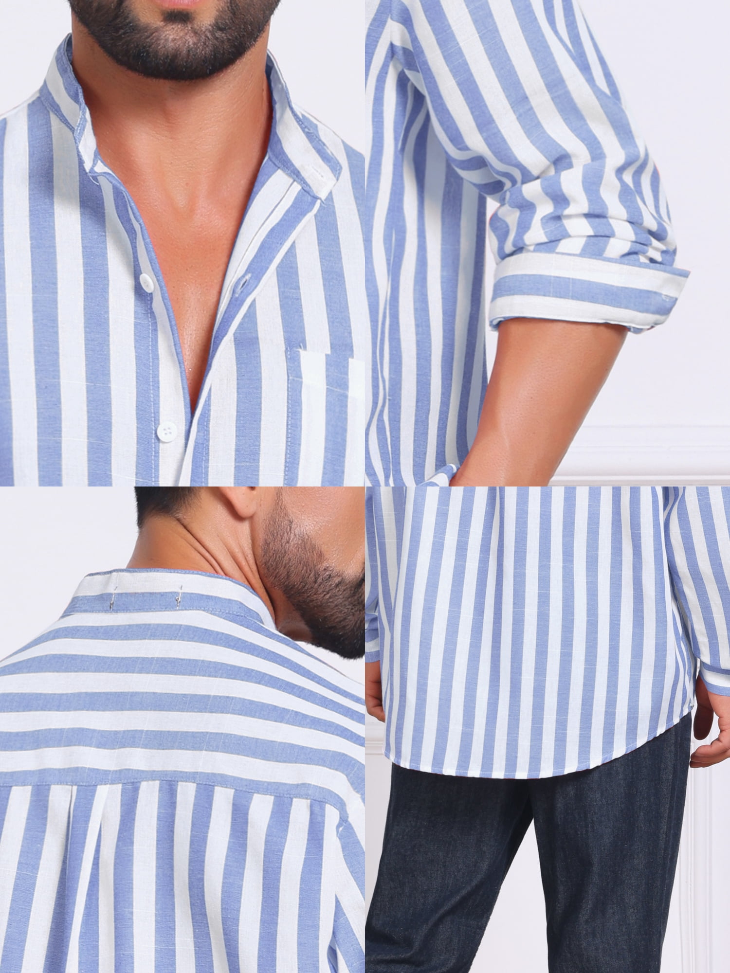 DARING DIVA Men's Striped Stand Collar Long Sleeve Button Down Shirt 2XL Light Blue