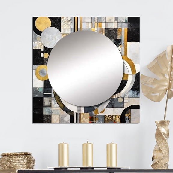 Designart "Geometric Illusions Gold Black Gold Abstraction" Abstract Shapes Square Mirror For Wall Decor - Large Gold Square Mirror Printed Wall Decor - Transitional Square Living Room Mirror