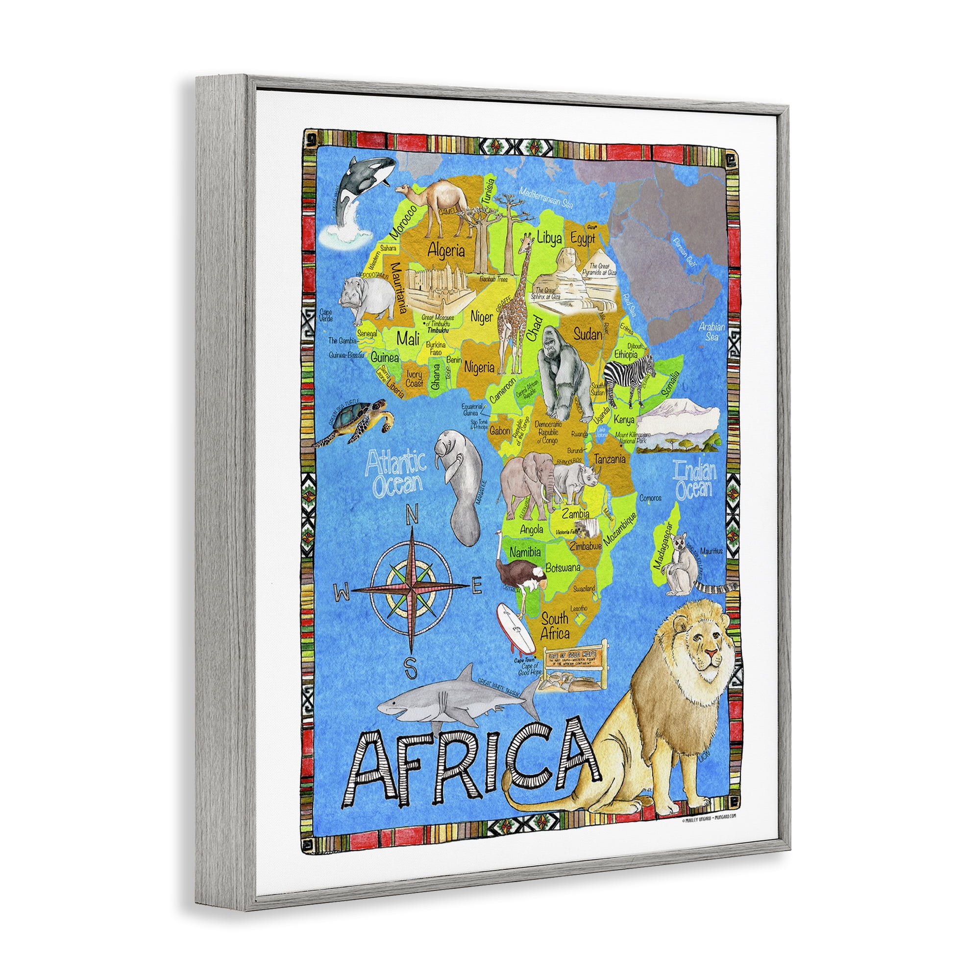 Stupell Industries African Animals Map Travel & Places Painting Gray Framed Art Print Wall Art, 24 x 30